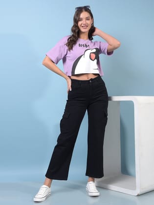 Purple Graphic Print Crop Length T-Shirt-S / Purple