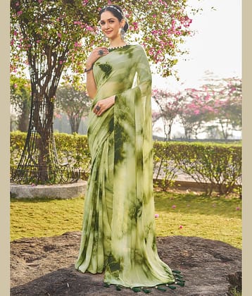 Satrani Georgette Printed Saree With Unstitched Blouse Piece ( Lime Green )