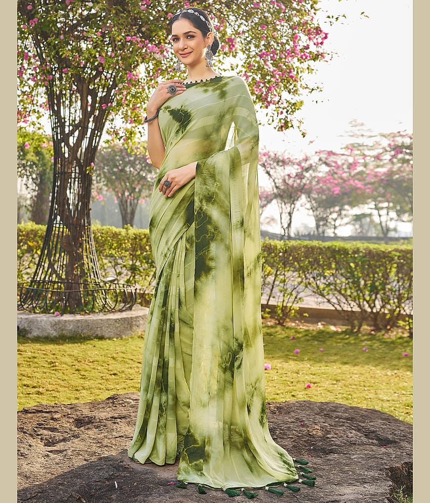 Satrani Georgette Printed Saree With Unstitched Blouse Piece ( Lime Green )