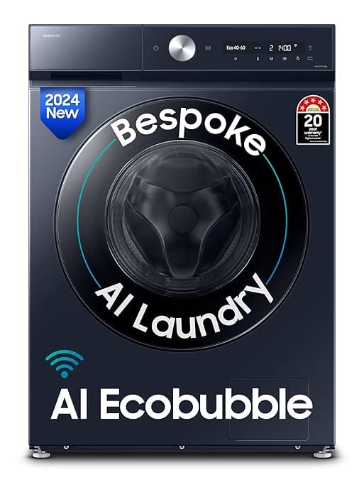 Samsung 12 kg, 5 Star, AI Ecobubble, Super Speed, Wi-Fi, Hygiene Steam with Inbuilt Heater, Digital Inverter, Fully-Automatic Front Load Washing Machine (WW12DB8B54GSTL, Navy)