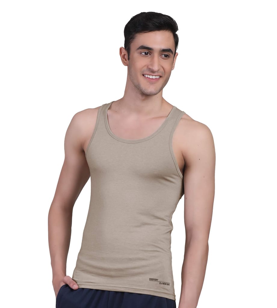 Freecultr Vest for Men | Bamboo Sleeveless, Super Soft Round Neck Gym Comfort Vest | Workout Regular Fit Innerwear | Breathable Sando with Long Hemline Pack of 2-Beach Sand,Iron Charcoal