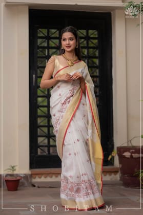 Shobitam Exclusive - Rangoli Embroidered Border on Pure Linen by Linen Saree in White, Red and Gold