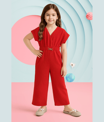 Lazy Shark Girls Cotton Blend Jumpsuit ( Pack of 1 , Red )