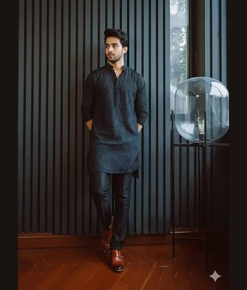 BEAUE Cotton Blend Embroidered Regular Kurta For Men ( Black )