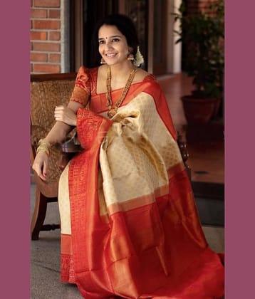 fab woven Art Silk Woven Kanjeevaram Sarees With Unstitched Blouse Piece ( White )