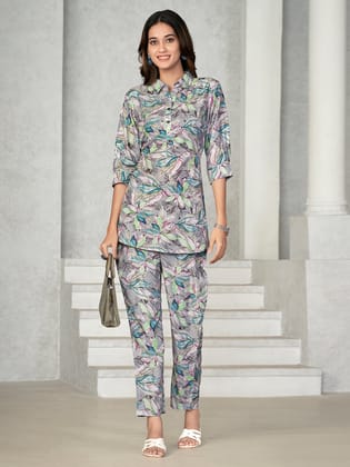 Multicolor Floral Printed Muslin V-Neck Co-ord Set-S