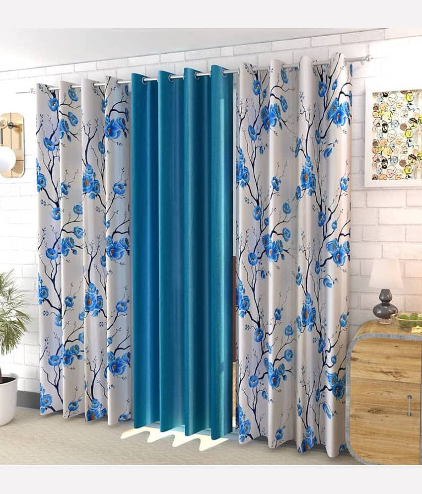 Kraftiq Homes Floral Semi-Transparent Eyelet Curtain 7 ft ( Pack of 3 ) - Blue