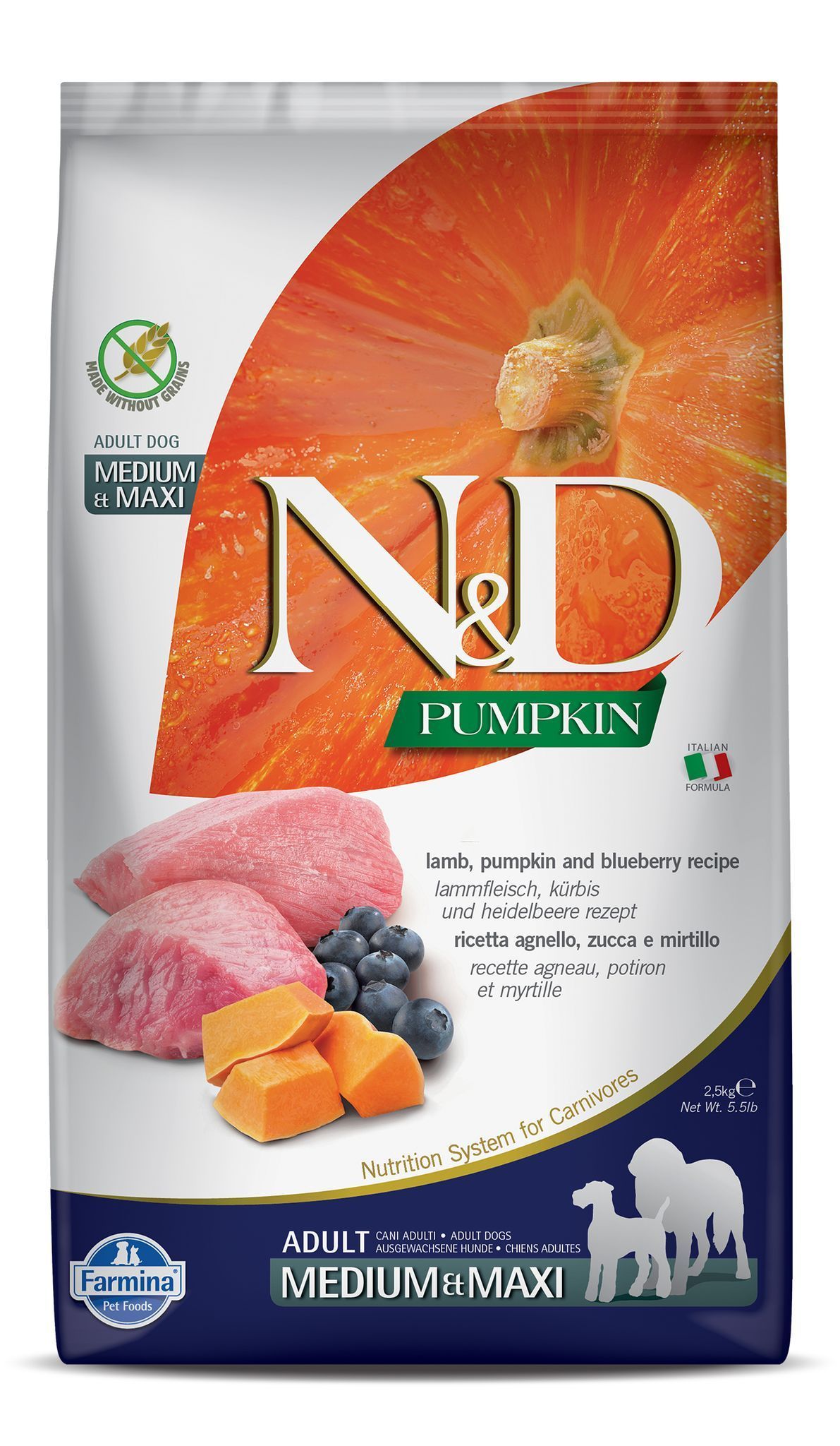 N&amp;D Pumpkin Lamb &amp; Blueberry Grain Free Dog Dry Food Adult Medium &amp; Maxi Breed 2.5kg