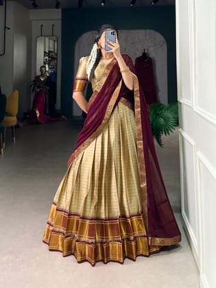 Golden Beige & Maroon Cotton Silk Paithani Lehenga Set – Traditional Elegance with a Modern Touch-free-size