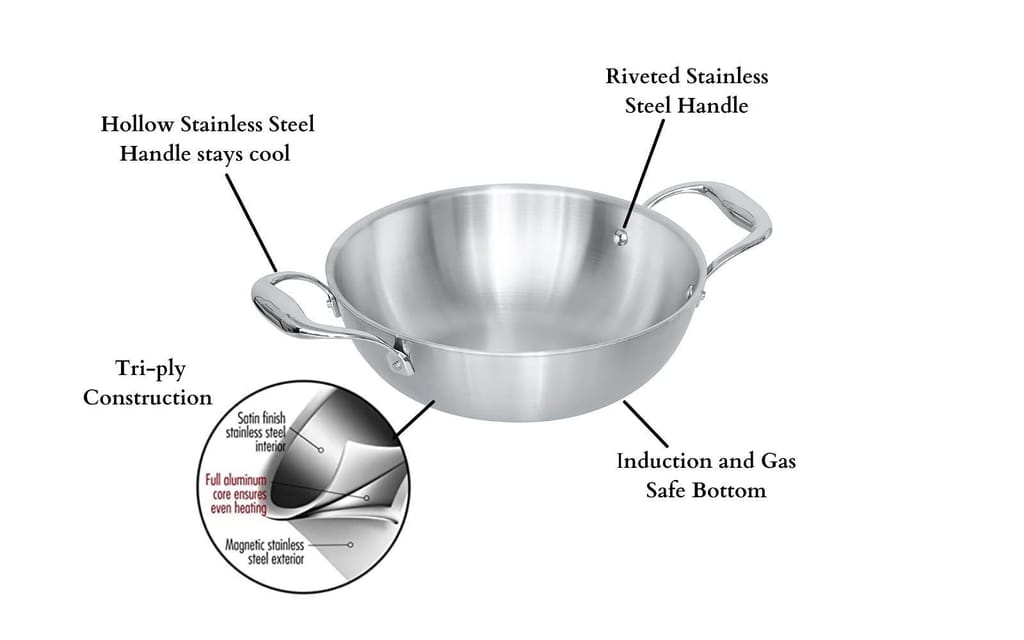 Femora Induction Safe, Stain Resistant, Zero Coating Stainless Steel Tri-ply Deep Frying Kadhai Pan (26 cm Capacity 3.2 L, Silver)