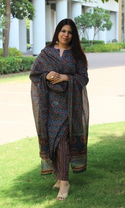 Cotton Ajrakh Print Blue and Red Suit Set with Printed Cotton Dupatta-XXS