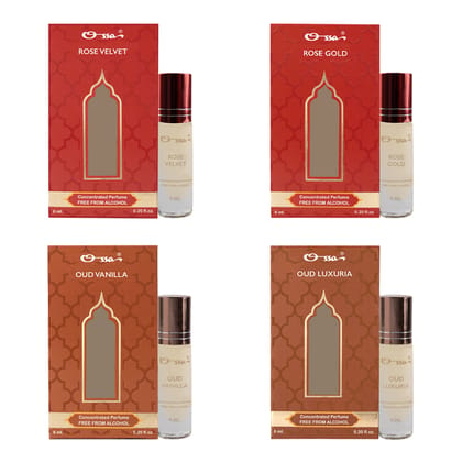 OSSA ROSE VELVET & GOLD, OUD VANILLA & LUXURIA CONCENTRATED PERFUMES (PACK OF 4)