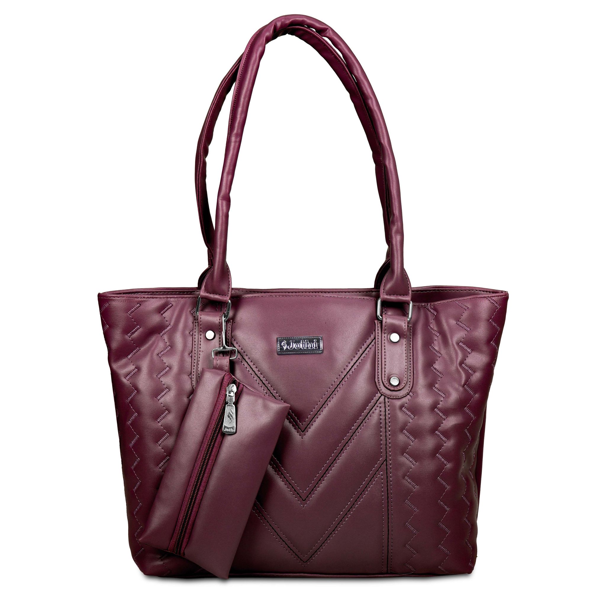 Jothi CrestVale Premium Womens Handbag | Multi-Compartment Synthetic Leather Tote | Stylish V-Pattern Finish | Water-Resistant | Soft Base | Wine