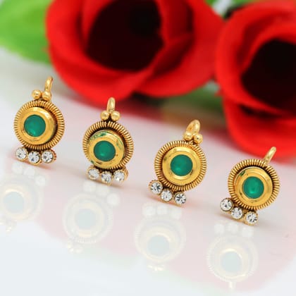 Green Color Kundan Nose Pin Combo Of 4 Pieces (NSP160CMB)-Length: 2.00 CM x Width: 1.00 CM / Green / Alloy With Good Quality Gold Plated