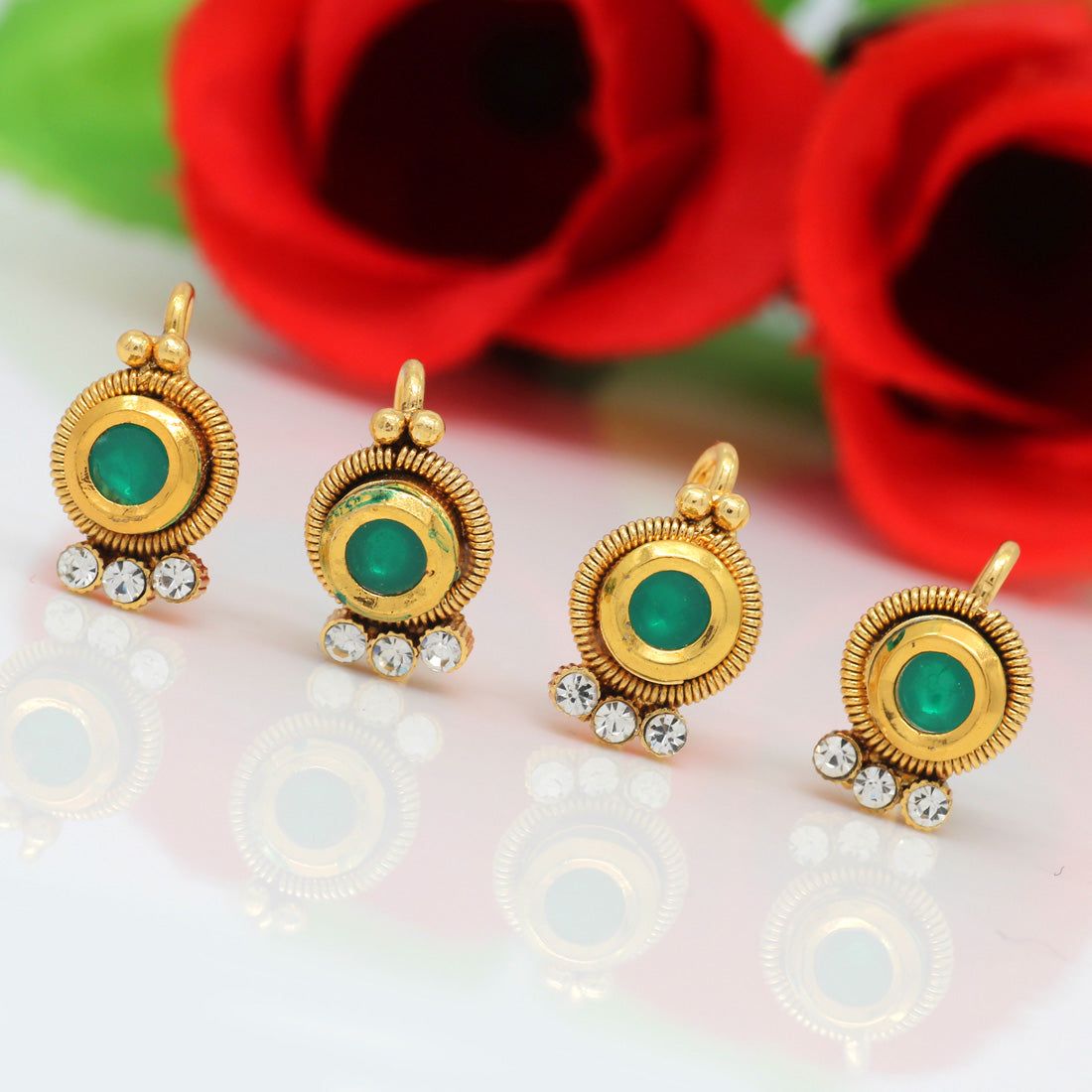 Green Color Kundan Nose Pin Combo Of 4 Pieces (NSP160CMB)-Length: 2.00 CM x Width: 1.00 CM / Green / Alloy With Good Quality Gold Plated