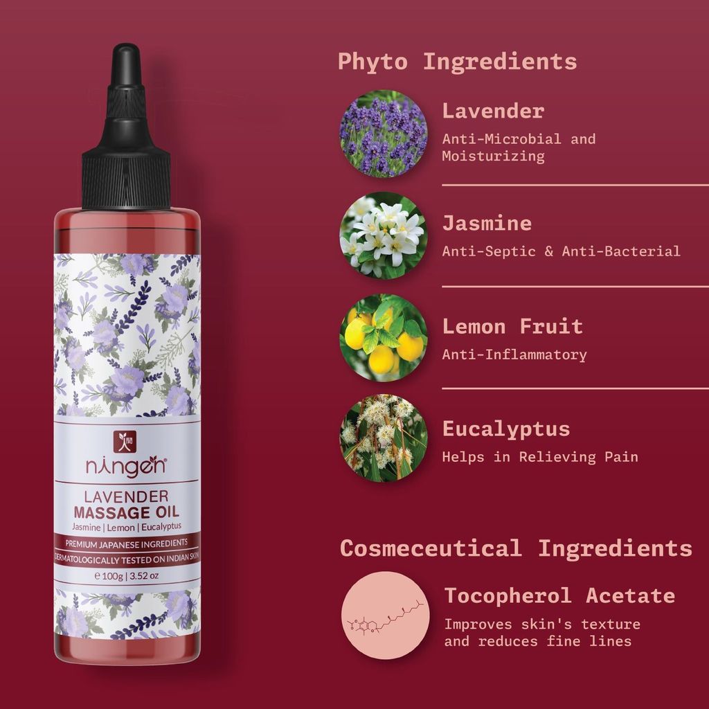 Ningen Lavender Massage Oil I Enriched with Jasmine, Lemon Fruit, Eucalyptus I Dermatologically Tested, Paraben Free I Relieves Muscle Pain & Joint Pain I 100g