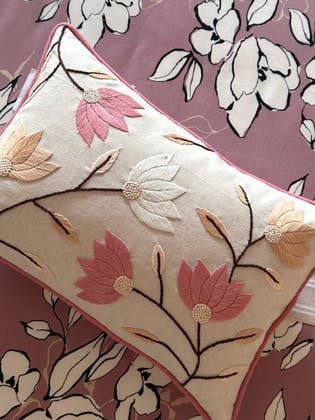 KRI India Bloom Pink & Ivory Flowers Cushion Cover | Beige with Pink and ivory embroidery & | 12x18 inches  | Wash & Care | 100% Cotton | Handcrafted in India. 100% organic & natural.