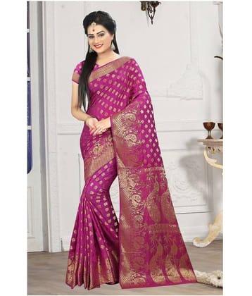 Gazal Fashions Banarasi Silk Embroidered Saree With Unstitched Blouse Piece ( Pink )