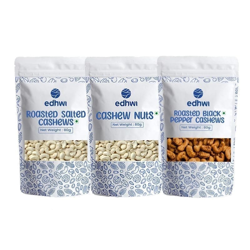 Edhwi Nuts Salted, Pepper & Plain Cashew Pack of 3, 80gram Each Combo