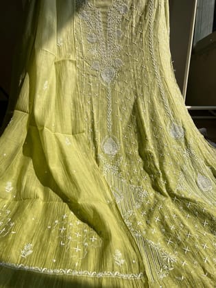 Mul Chanderi Chikankari Anarkali - Mehandi Green-Mehandi Green / Mul Chanderi