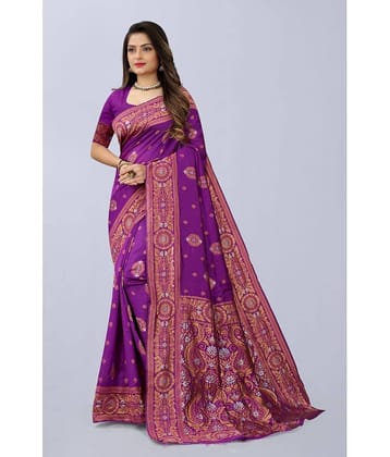NENCY FASHION Banarasi Silk Embroidered Saree With Unstitched Blouse Piece ( Purple )