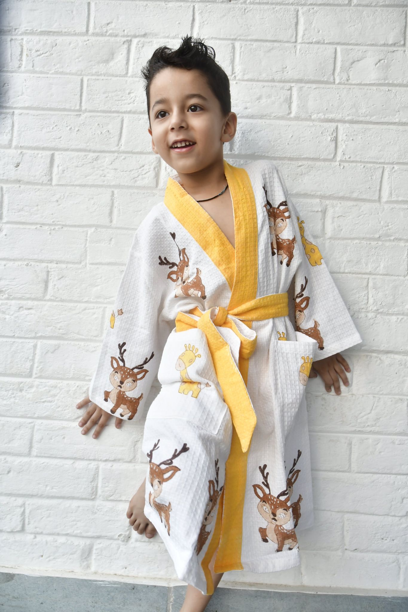 Kids HandBlock Premium Waffle Cotton Bathrobe Deer pattern Medium (4-6 years)