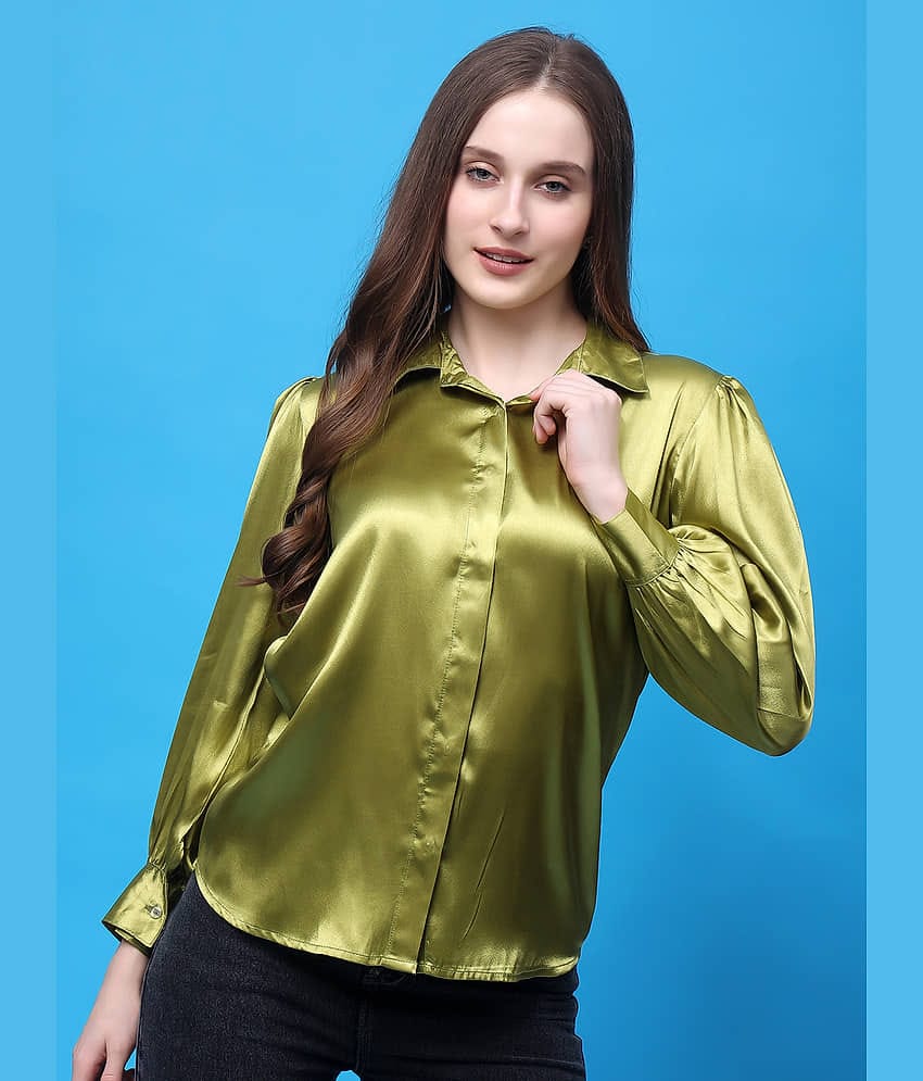 FASHJONS 360 Women Solid Satin Shirt ( Olive )
