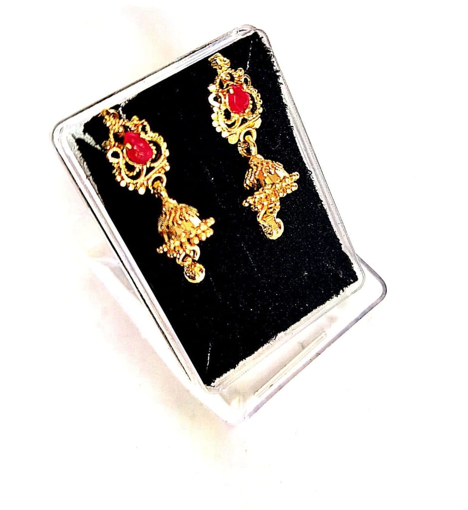 Gold Plated Traditional Indian Jhumka Earrings with Red Stones