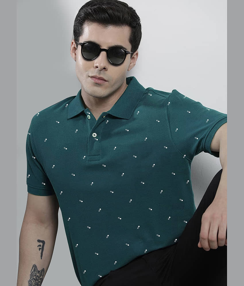 Merriment Pack of 1 Cotton Blend Regular Fit Printed Half Sleeves Men's Polo T Shirt ( Teal Blue )