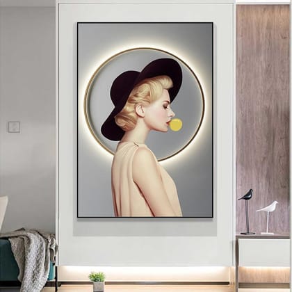 BLONDE BLOWING WALL PAINTING-BLACK FRAME