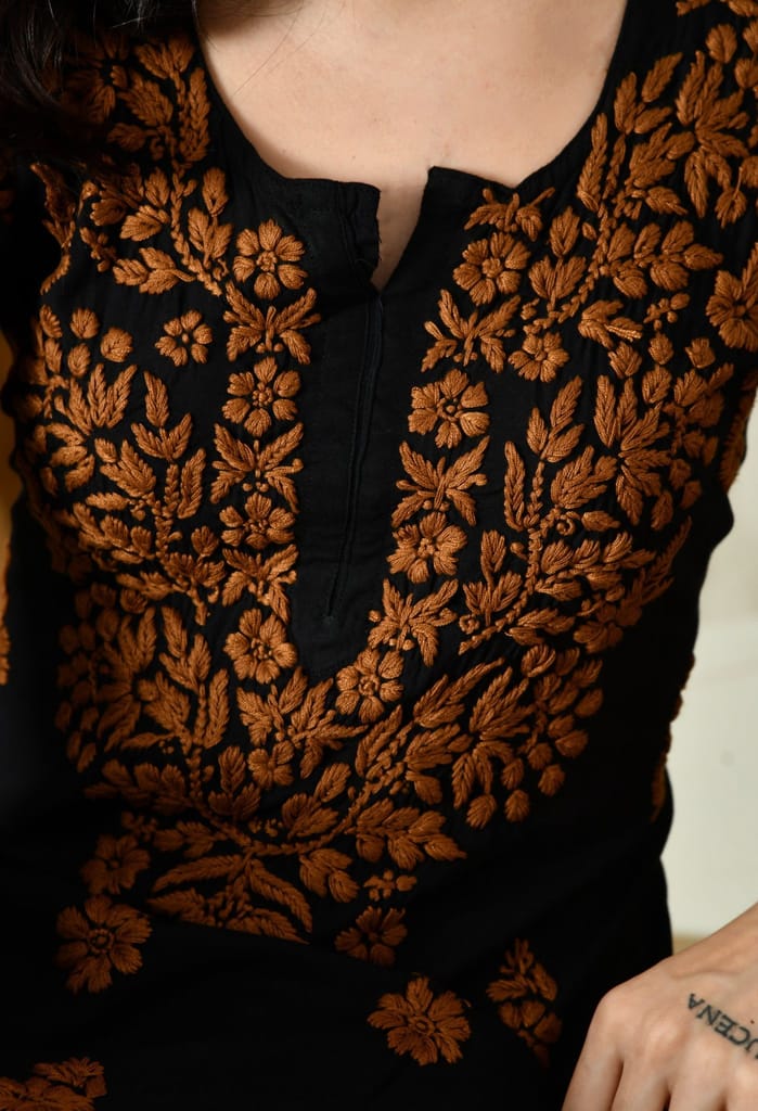Black Kurta with Intricate Chikankari Work - Brown