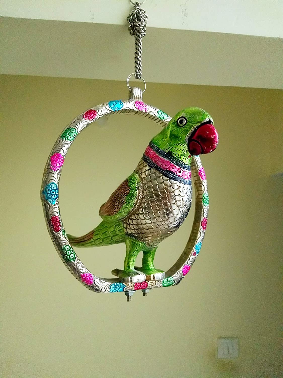 DreamKraft Metal Silver and Green Color Parrot in Ring Hanging for Home Decor
