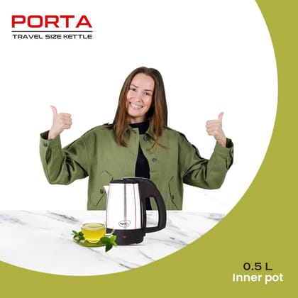 Pigeon Porta Travel Size Kettle 0.5L – Silver, Black, Auto Shut-Off, Heat-Resistant Handle