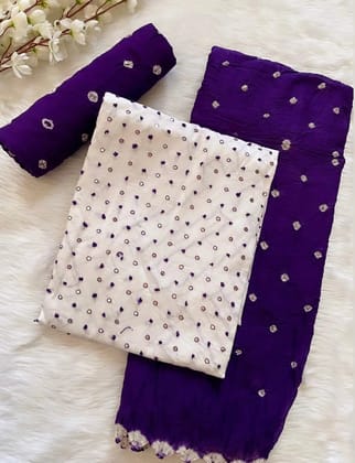 Soft Cotton Mirror Thread Work Bandhani Salwar Material (Unstitched)-Purple