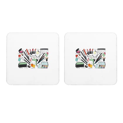 Multicolor Beauty Make Up Set Of 2 Square Wooden Coaster
