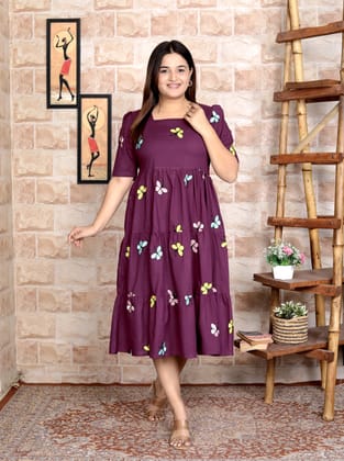 Women Cotton Emroidery Purple Middi Gown-S
