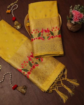 Noor-e-Banaras Zari Brocade Mustard Yellow Silk Suit