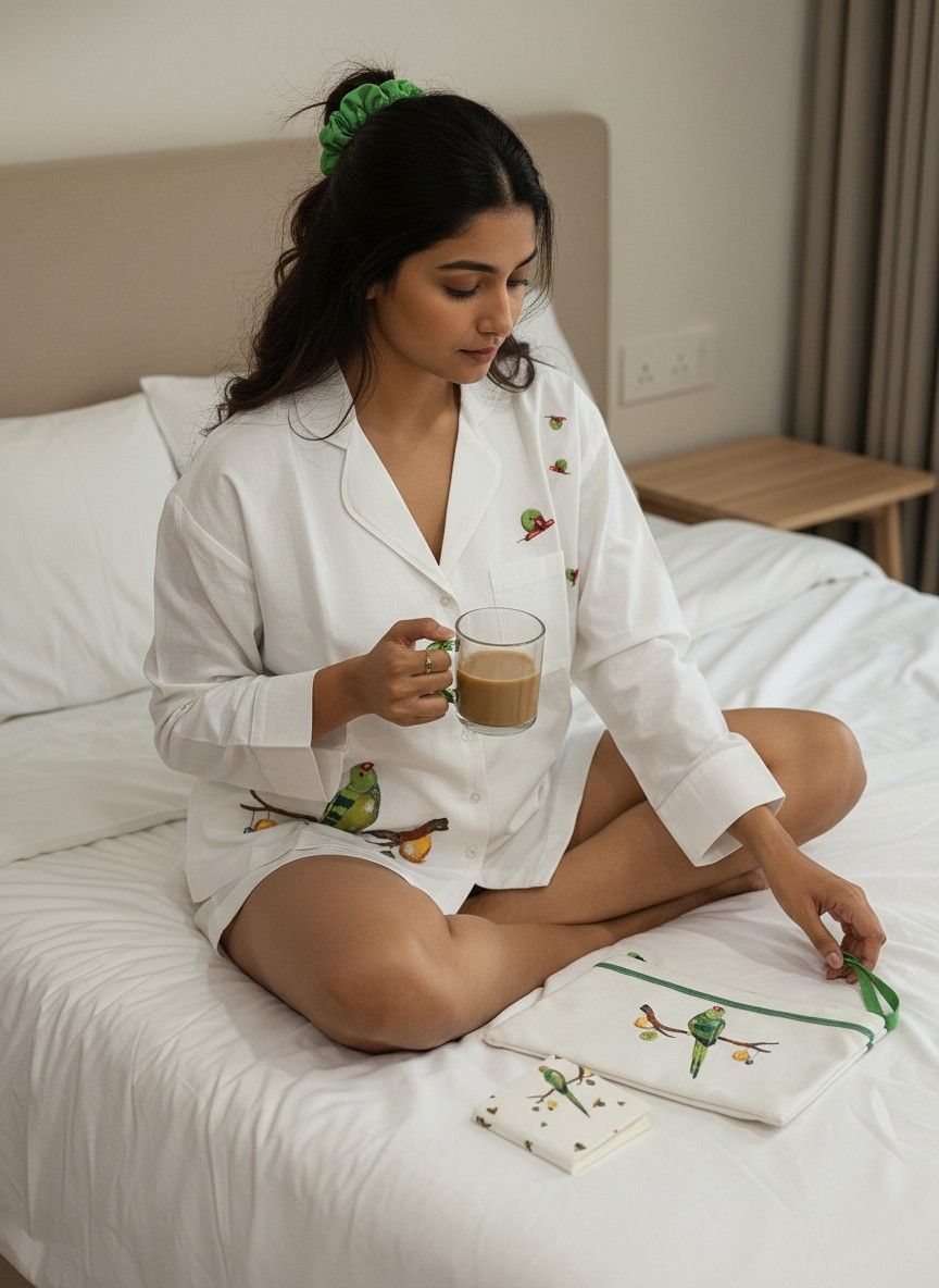 Ivvory Handcrafted Revere Shorts Set (Parrot Print, Size XS) | 100% Cotton Co-ord | Summer Nightwear