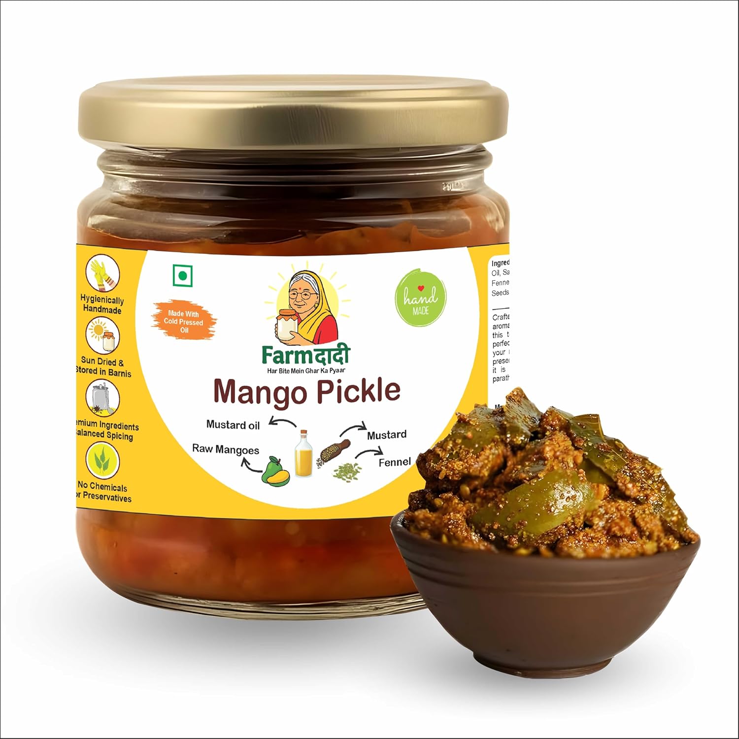 FarmDadi Mango Pickle 350g Homemade | Traditional Indian Achar | Less Oil Aam ka achar home made Pickle in fresh | Aam Ka Achaar made with Cold Pressed Oil, Organic Methods & Preservative free || Pack of 11