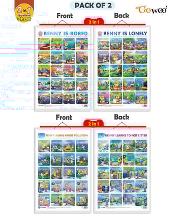 Set of 2 | 2 IN 1 BENNY IS BORED AND BENNY IS LONELY and 2 IN 1 BENNY LEARNS ABOUT POLLUTION AND BENNY LEARNS NOT TO LITTER Early Learning Educational Charts for Kids