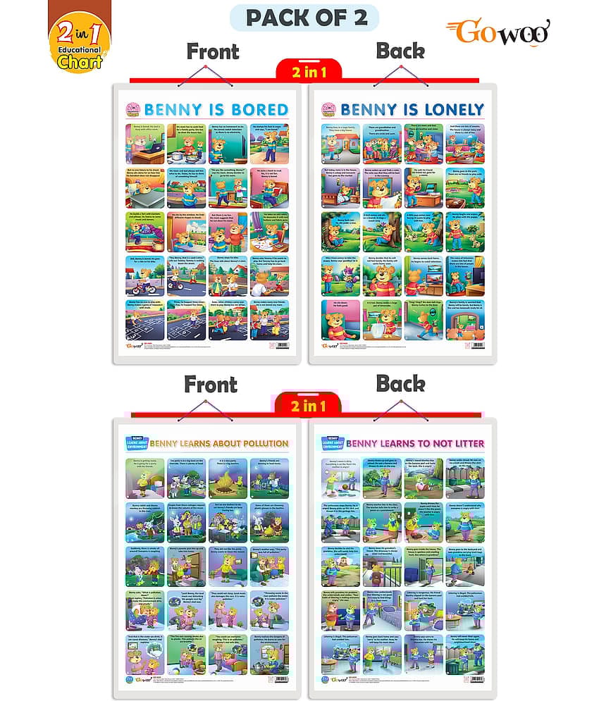 Set of 2 | 2 IN 1 BENNY IS BORED AND BENNY IS LONELY and 2 IN 1 BENNY LEARNS ABOUT POLLUTION AND BENNY LEARNS NOT TO LITTER Early Learning Educational Charts for Kids