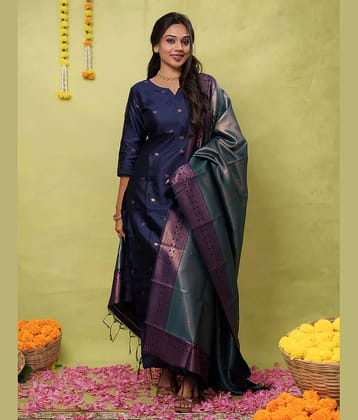 kedar fab Women Silk Blend Self Design Straight Kurti With Pants ( Blue )