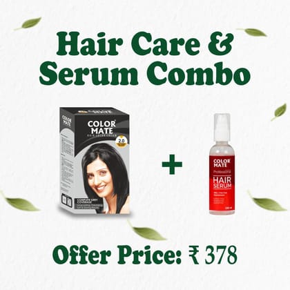 Color Mate Hair Care Combo – Natural Black Hair Color Cream (60ml) + Hair Serum (100ml) | Ammonia-Free | Color + Smooth & Shine Treatment
