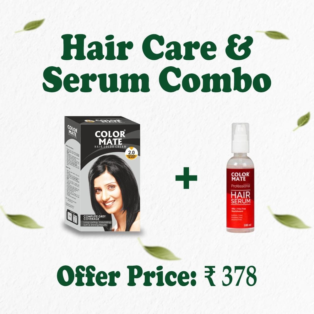 Color Mate Hair Care Combo – Natural Black Hair Color Cream (60ml) + Hair Serum (100ml) | Ammonia-Free | Color + Smooth & Shine Treatment
