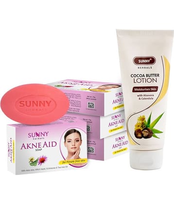 SUNNY HERBALS Cocoa Butter Body Lotion 100ml and Akne Aid Soap (75g*4)300 g