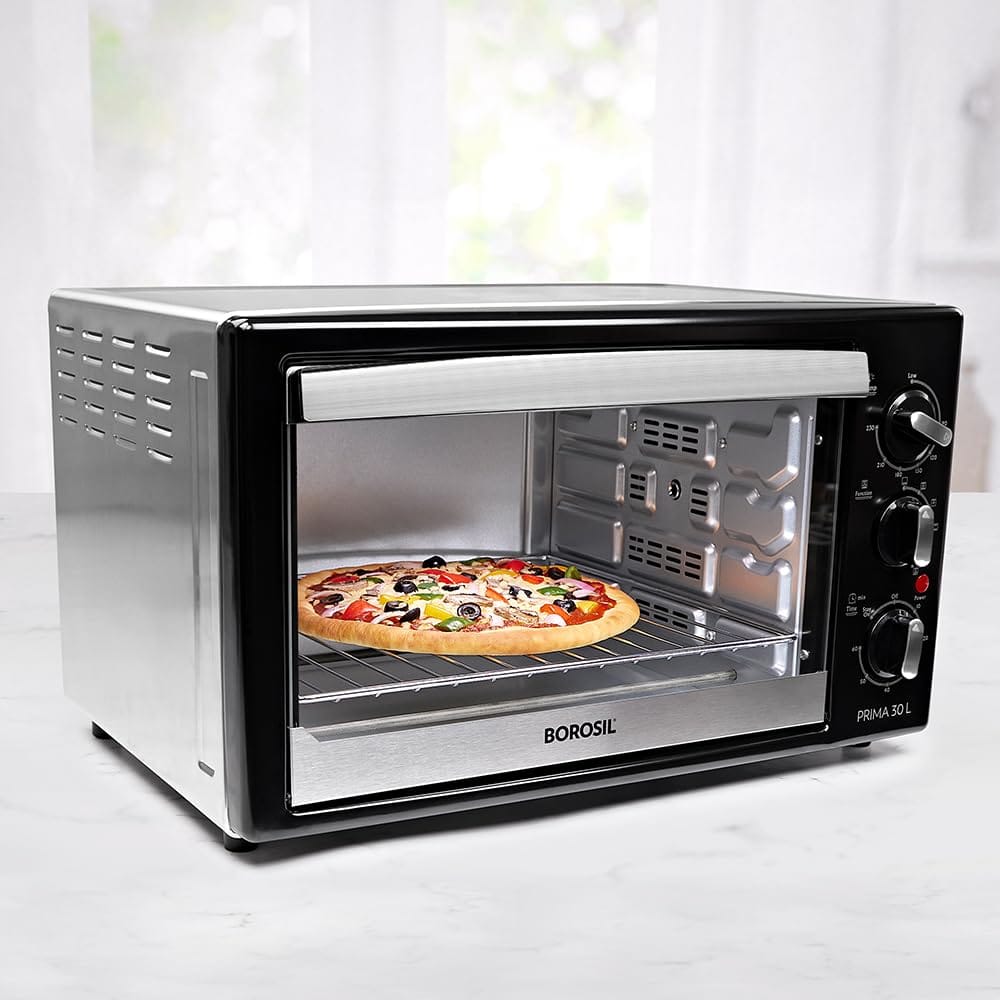 Borosil Prima 30 L Oven Toaster Grill Motorised Rotisserie Convection Heating 6 Heating Modes Chrome Grey