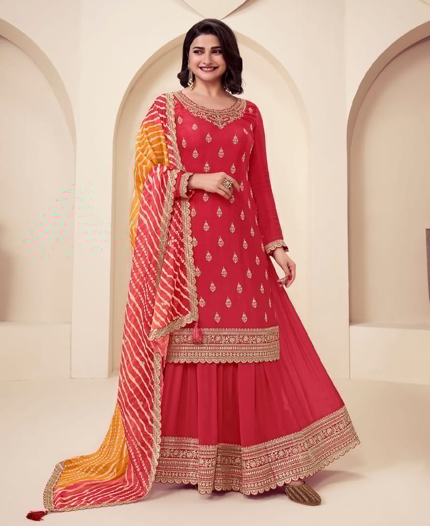 designer red chinon straight suit for women ethnic wear