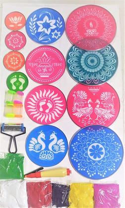 Rangoli :: Easy making decorative item ( Large 24 Qty) 10' Inch stainsils 4, 8' Inch stainsils 4' 4 Inch stainsls 4.Colour filler 5,Drawing pen 1,border roller 1, Original send colour packet 5 (200 grame each)