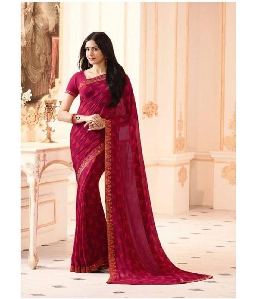 Gazal Fashions Georgette Printed Saree With Unstitched Blouse Piece ( Maroon )