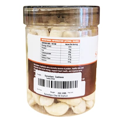 Sarvottam Kaju (W180) Box 250g | Premium Whole Cashews | Rich in Protein, Fiber & Healthy Fats | Crunchy Nuts for Snacking, Cooking & Gifting